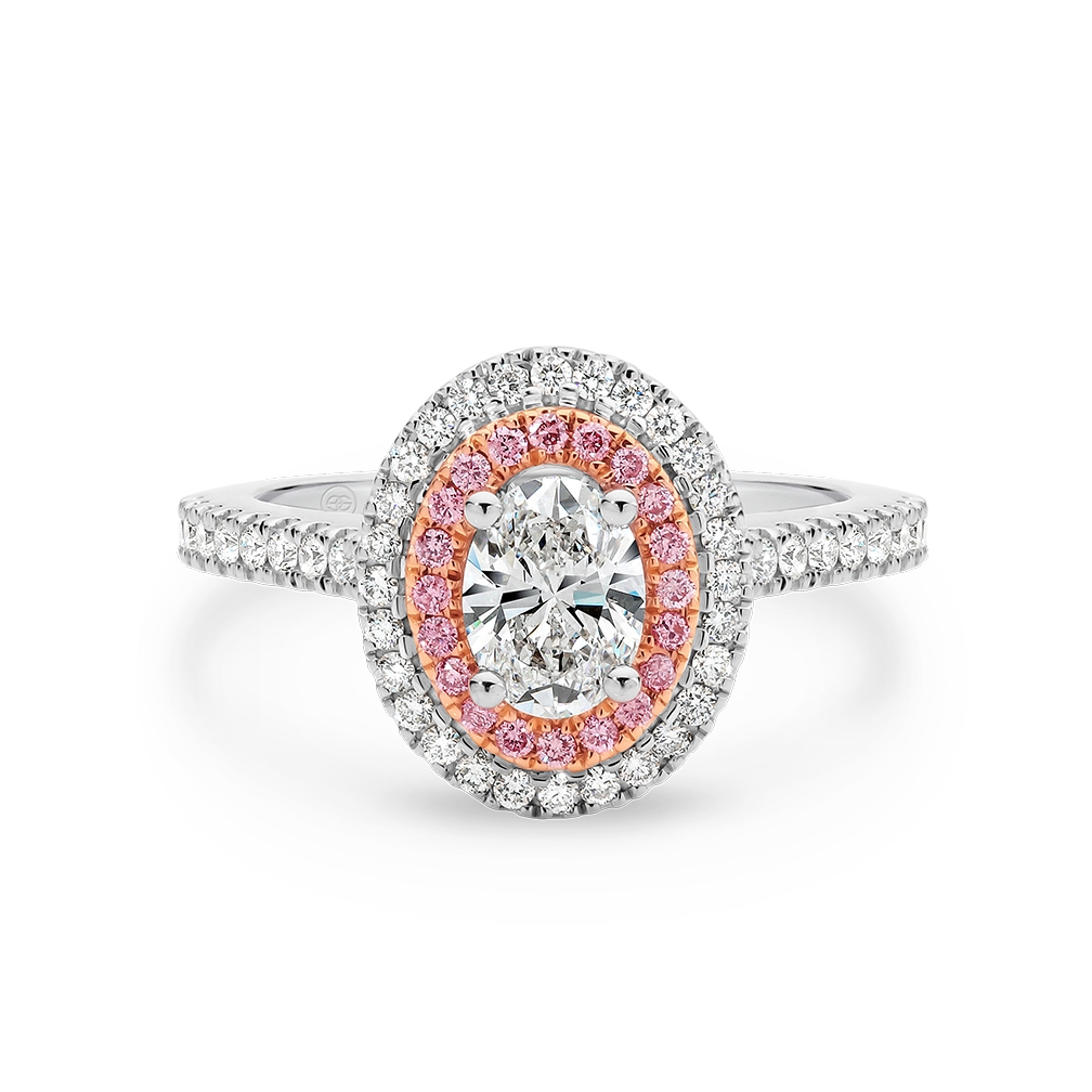 Oval Shape White & Pink Double Halo Diamond Engagement Ring