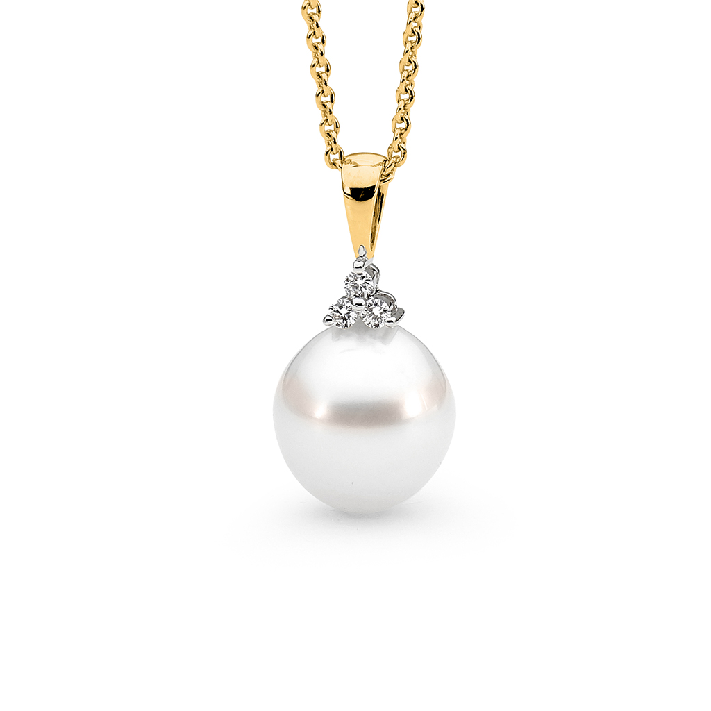 Allure South Sea Pearl & Diamond Trio Pendant In 18K Yellow & White Gold, 11-12mm