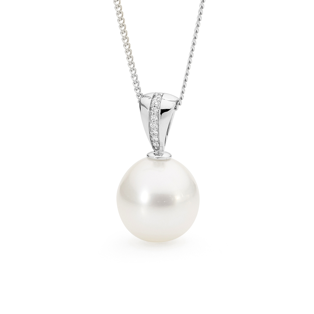 Allure South Sea Pearl &#038; Diamond V Bale Pendant In 18K White Gold