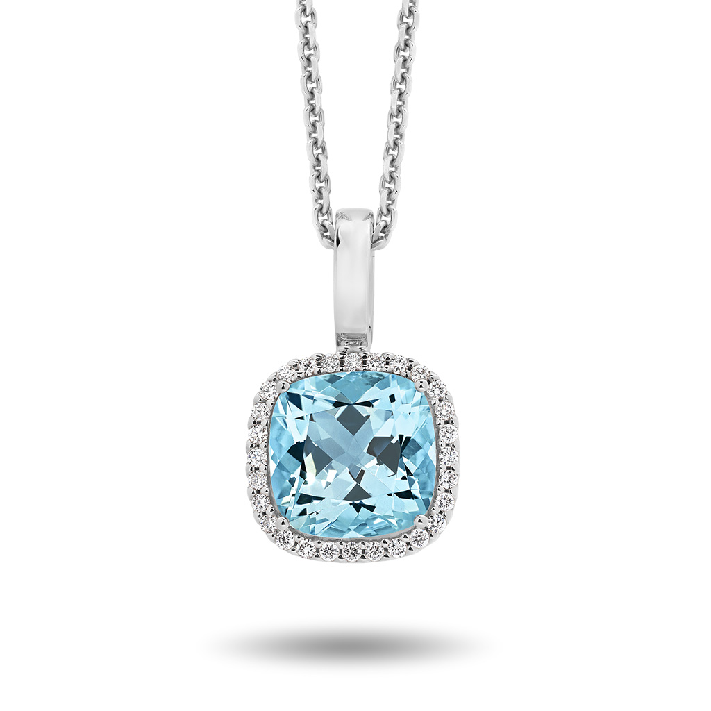 Blue Topaz &#038; Diamond Cushion Halo Pendant