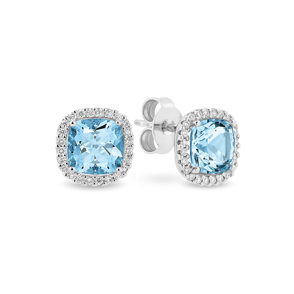 Blue Topaz &#038; Diamond Cushion Halo Stud Earrings