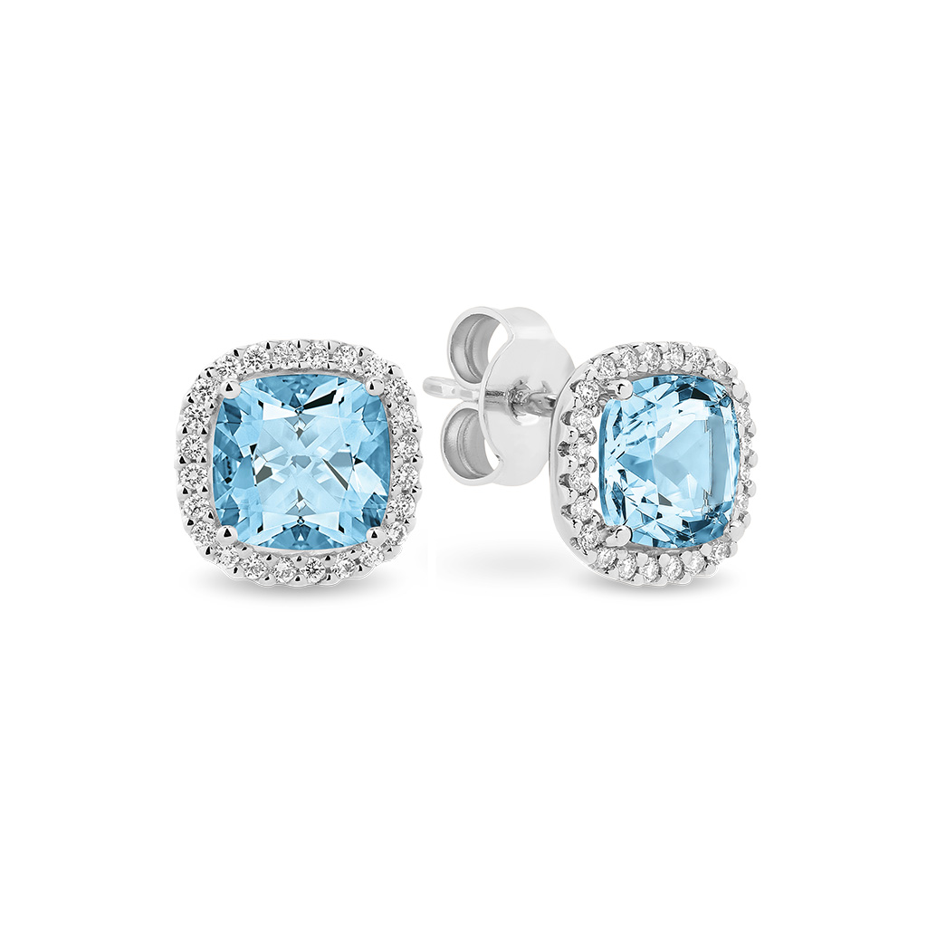 Blue Topaz & Diamond Cushion Halo Stud Earrings