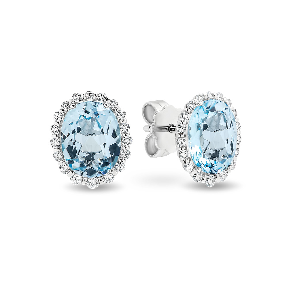Blue Topaz & Diamond Oval Halo Stud Earrings In 18K White Gold 0.30ct TW