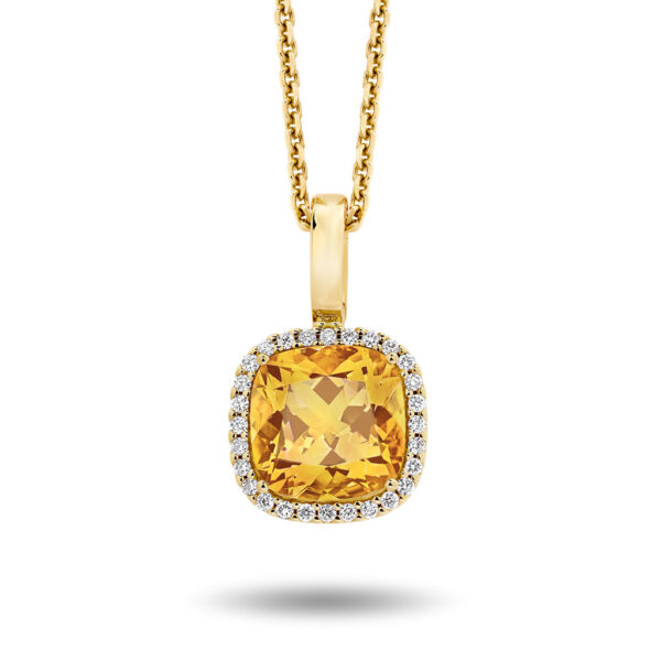 Citrine & Diamond Cushion Halo Pendant in Yellow Gold | 271269