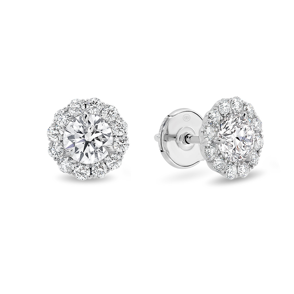 Classic Halo Diamond Stud Earrings In 18K White Gold