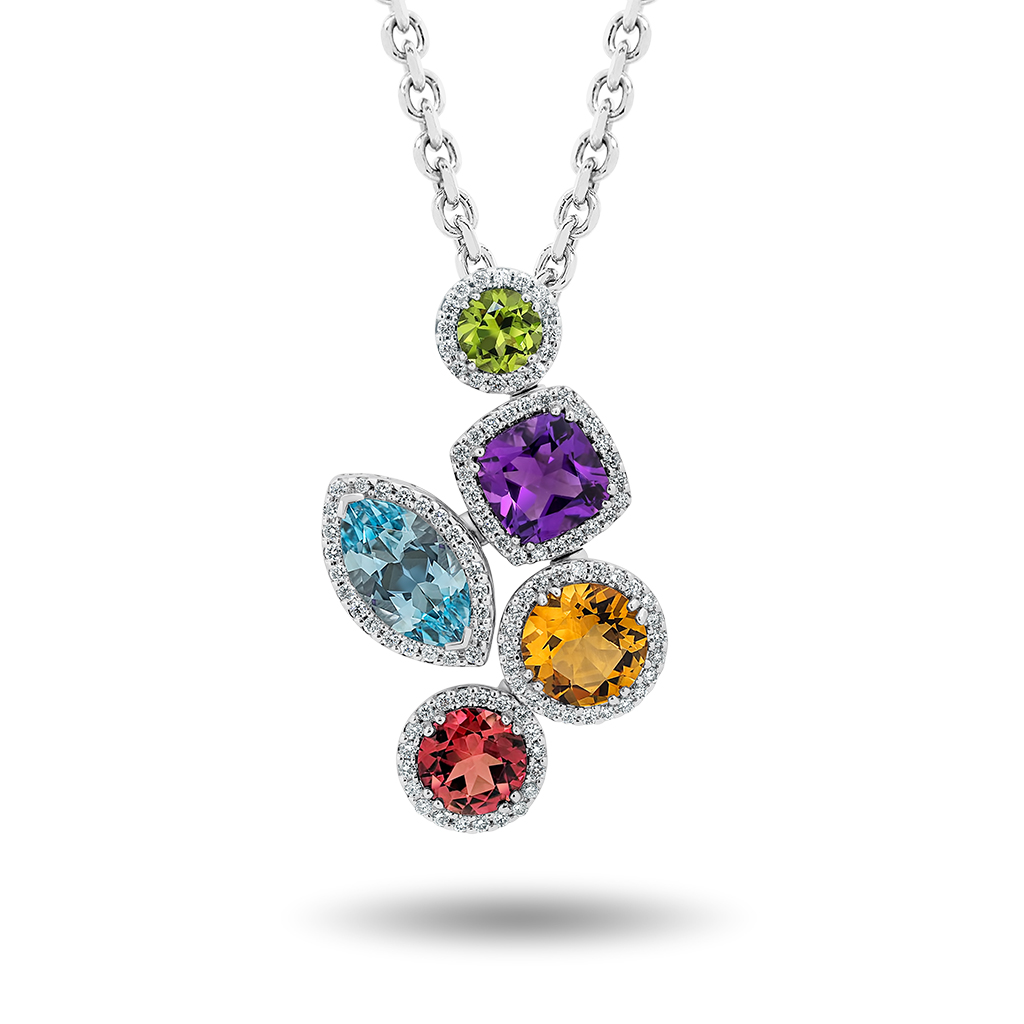 Multi-Coloured Gemstone &#038; Diamond Fancy Halo Pendant