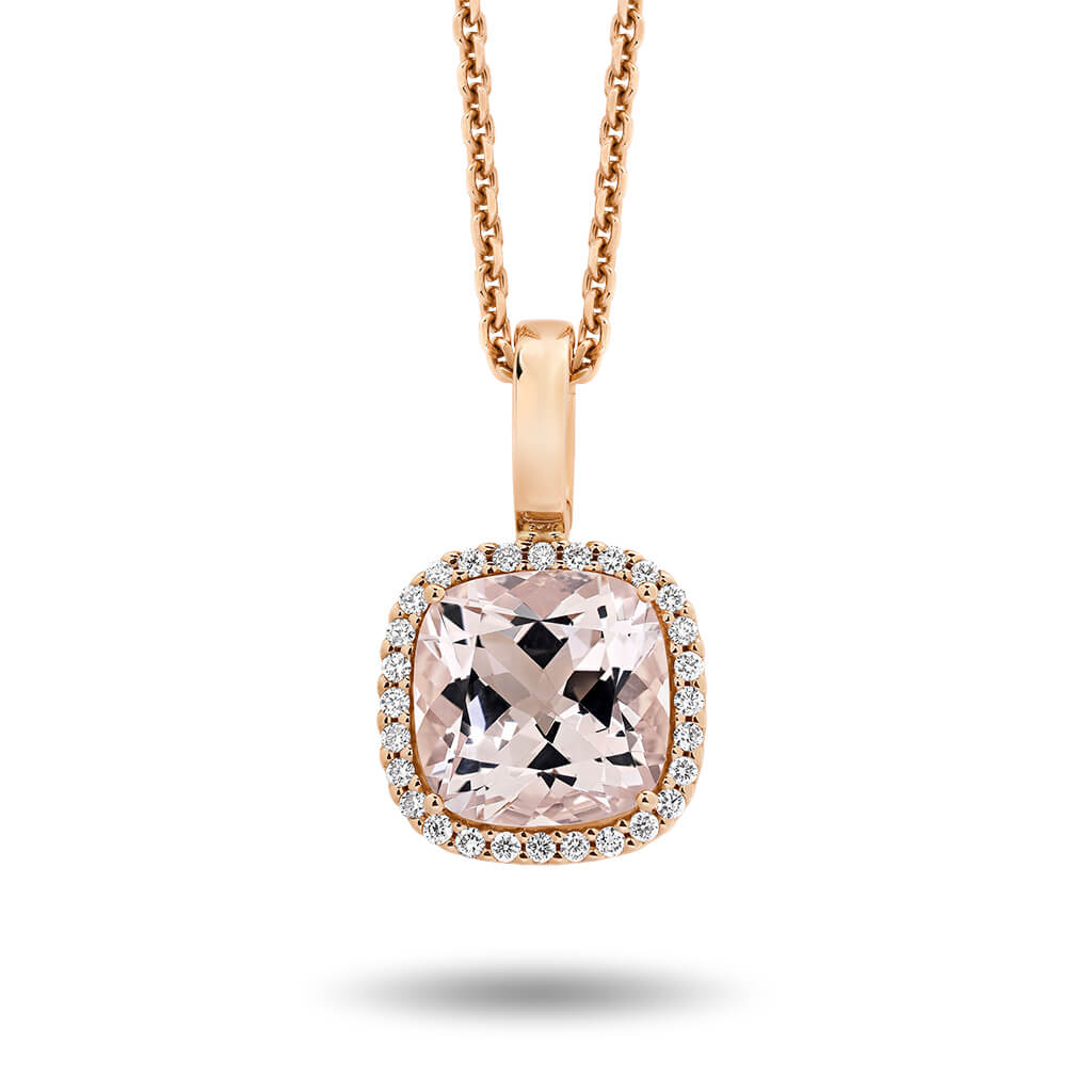 Morganite & Diamond Cushion Halo Pendant In 18K Rose Gold