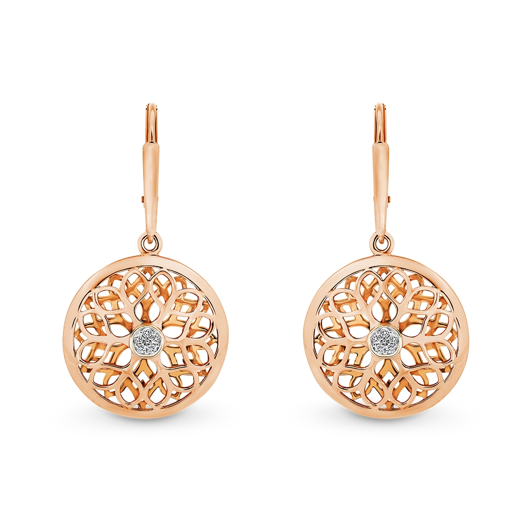 Flower Pattern Diamond Drop Earrings in Rose Gold