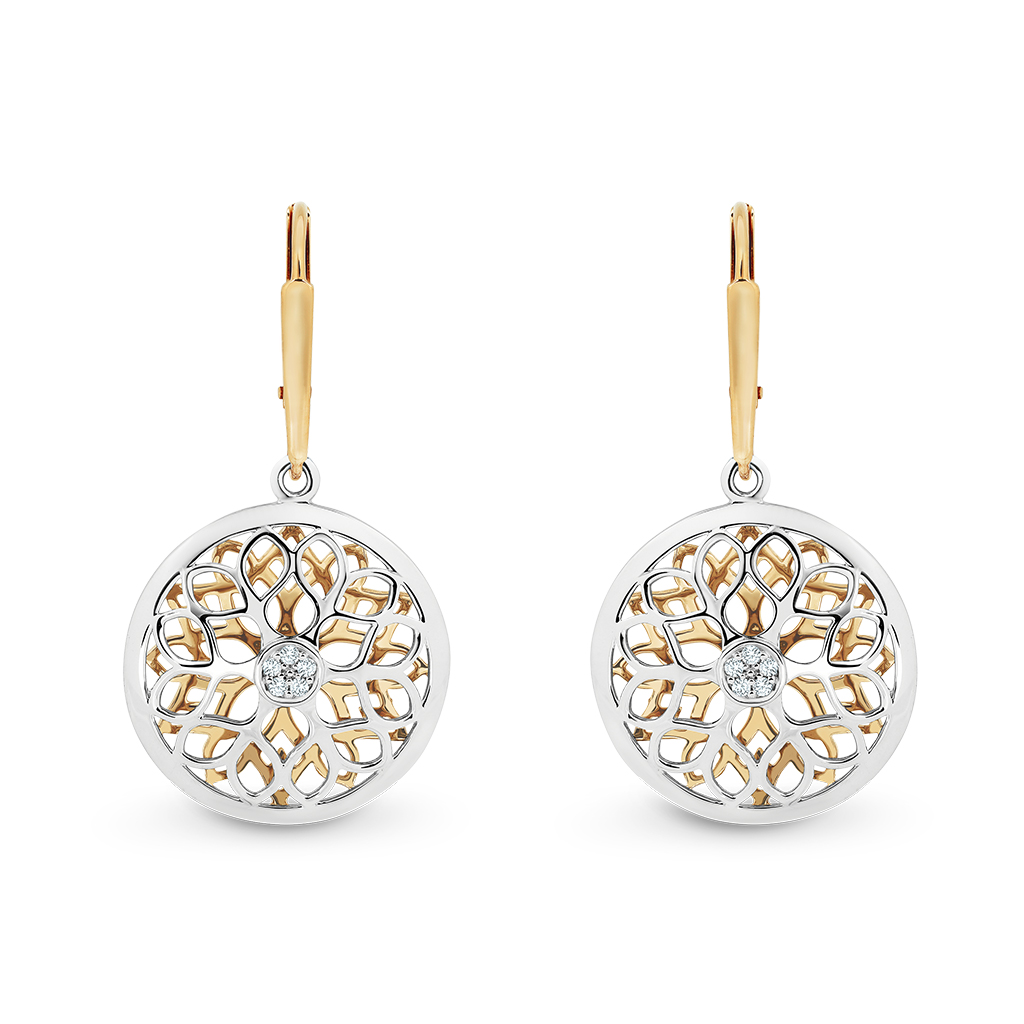 Flower Pattern Diamond Drop Earrings in Yellow Gold
