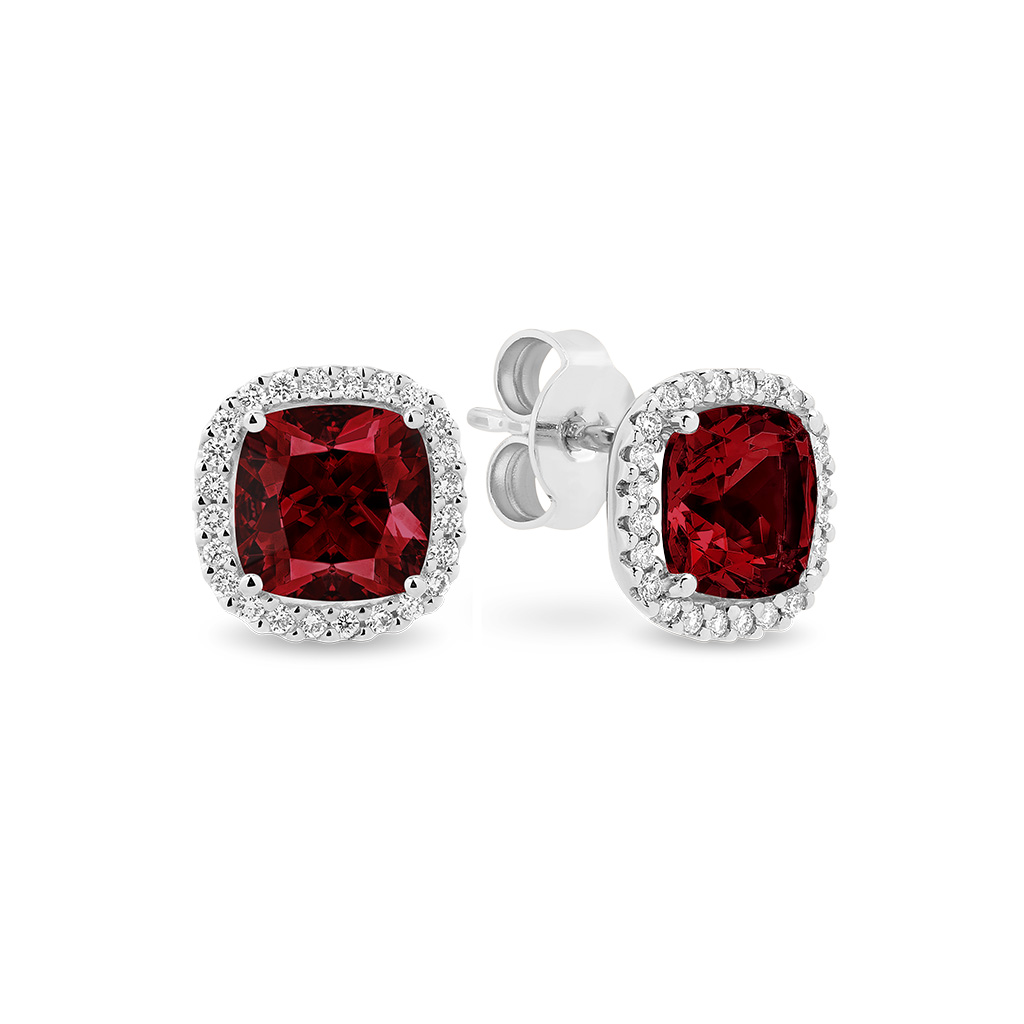 Garnet &#038; Diamond Cushion Halo Stud Earrings