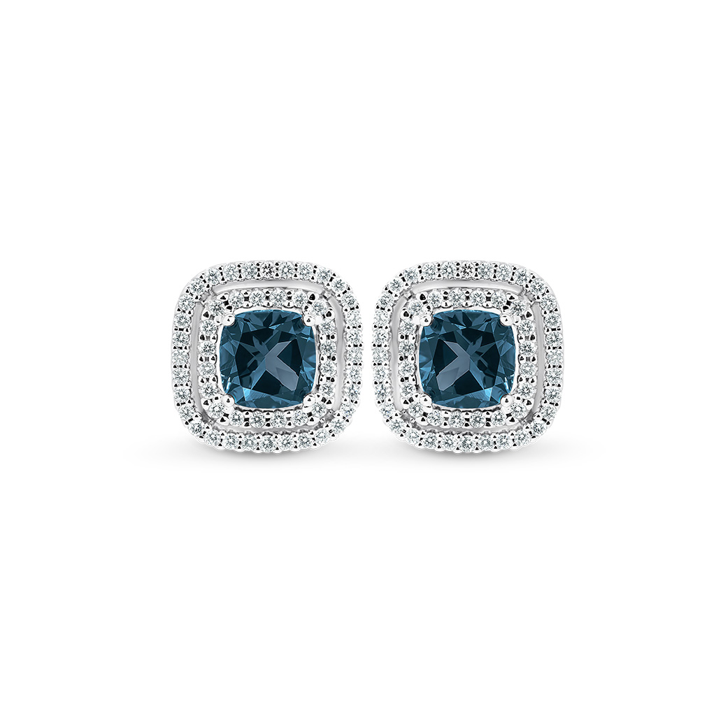 London Blue Topaz & Diamond Double Halo Stud Earrings In 18K White Gold 0.42ct TW
