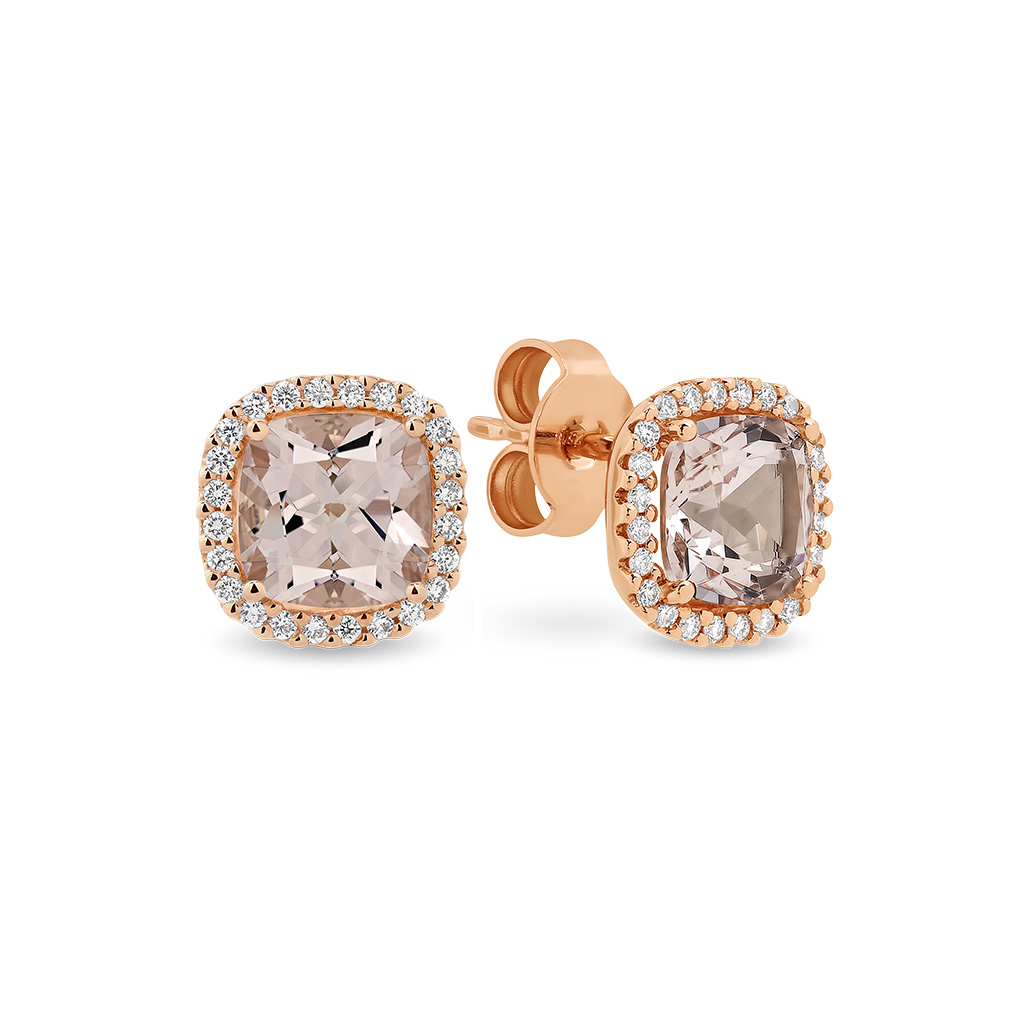 Morganite &#038; Diamond Cushion Halo Stud Earrings In 18K Rose Gold 0.18ct TW