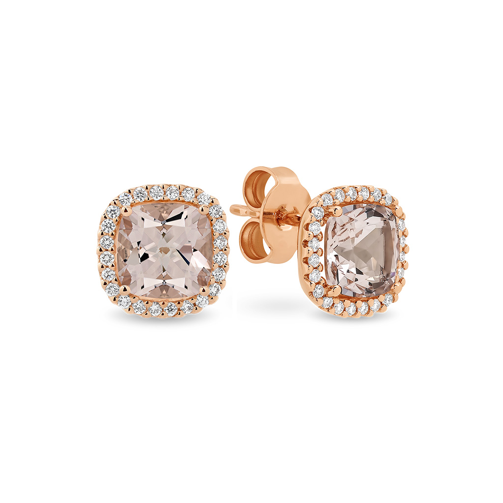 Morganite & Diamond Cushion Halo Stud Earring