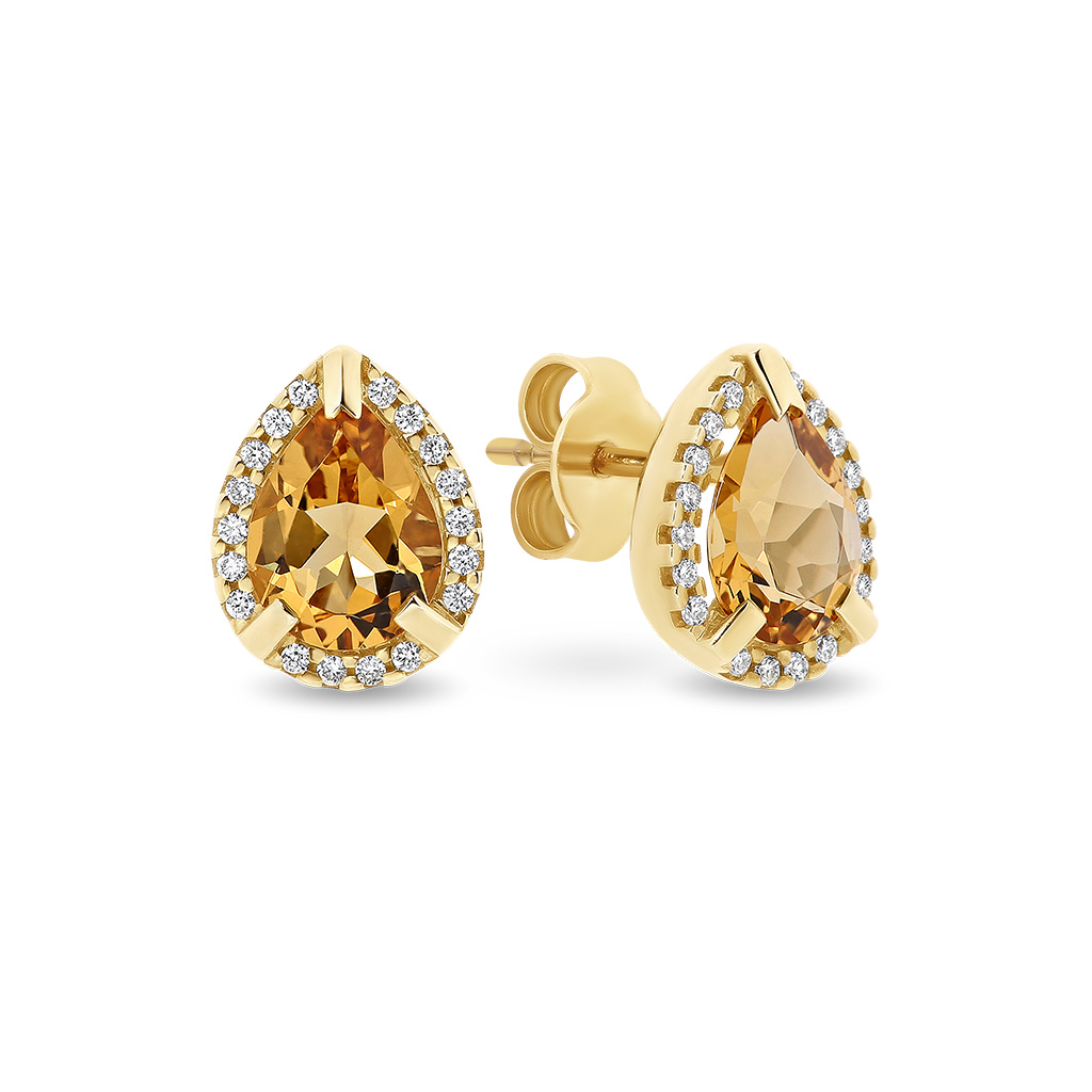 Citrine & Diamond Pear Halo Stud Earrings In 18K Yellow Gold 0.15ct TW