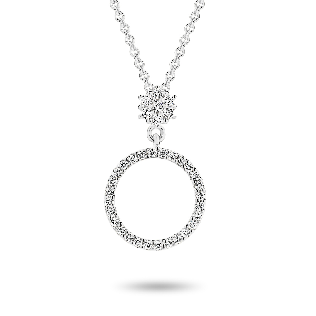 18K White Gold Diamond Cluster Circle Pendant