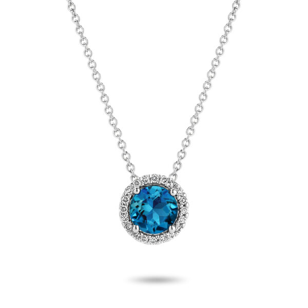 18K White Gold London Blue Topaz & Diamond Round Halo Pendant 271623