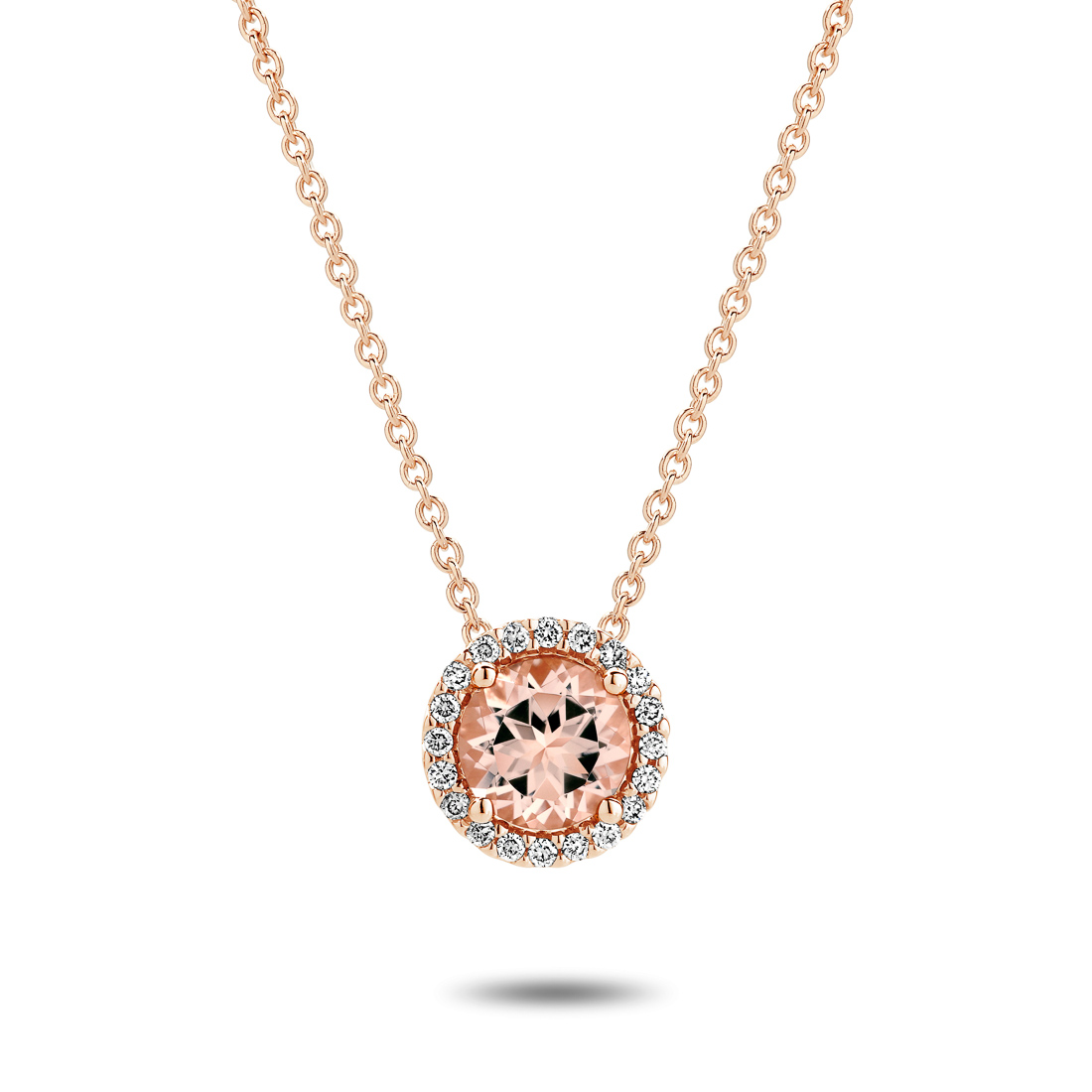 18K Rose Gold Morganite & Diamond Round Halo Pendant