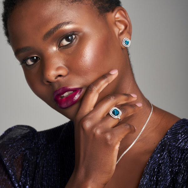 woman wearing blue cocktail ring and earring