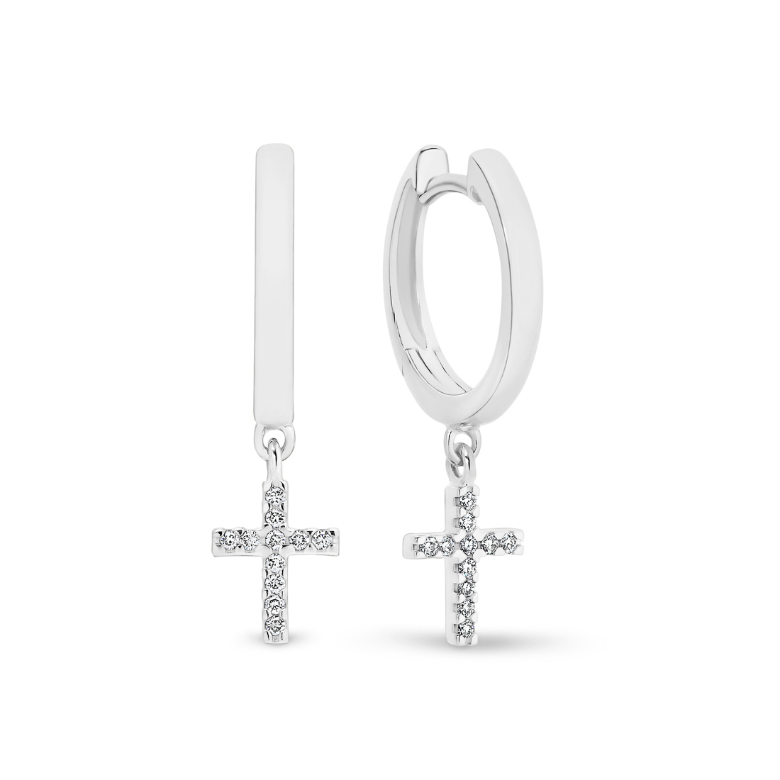 18K White Gold Diamond Cross Huggie Earrings