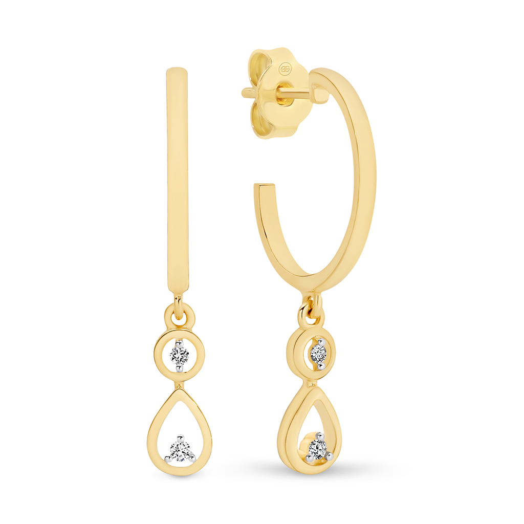 18K Yellow Gold Diamond Tear Drop Hoop Earrings