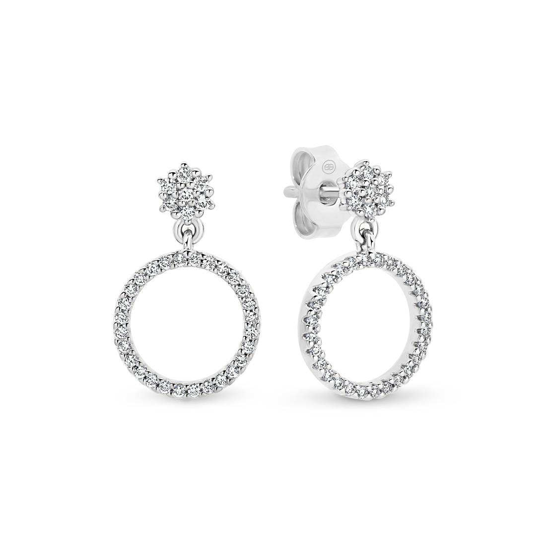 18K White Gold Diamond Cluster Circle Drop Earrings