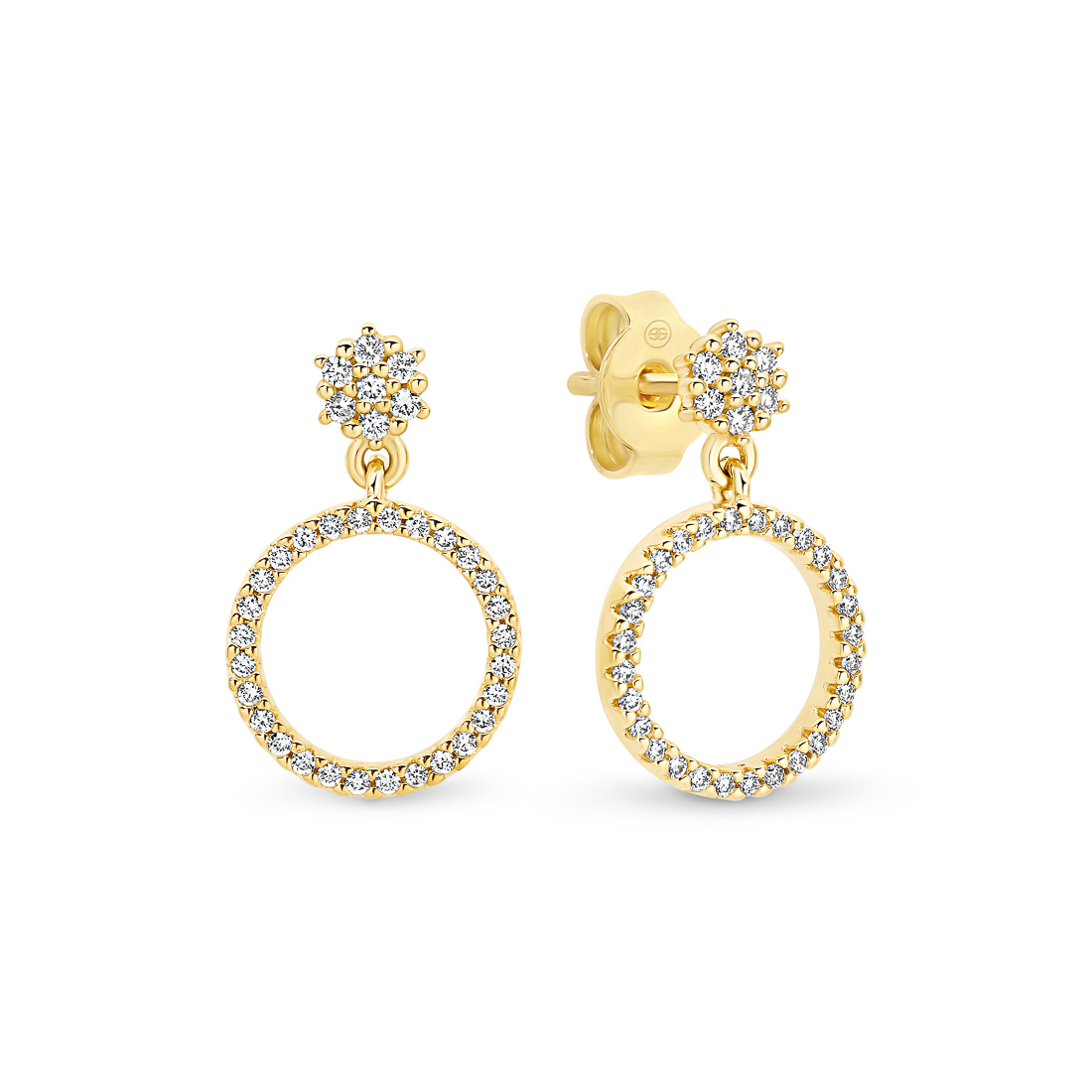 18K Yellow Gold Diamond Cluster Circle Drop Earrings