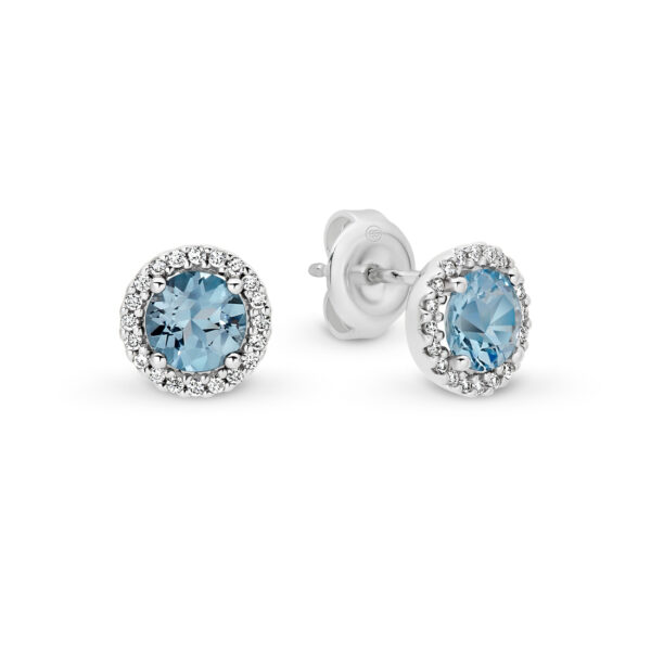 18K White Gold Blue Topaz & Diamond Round Halo Stud Earrings 761734 WG