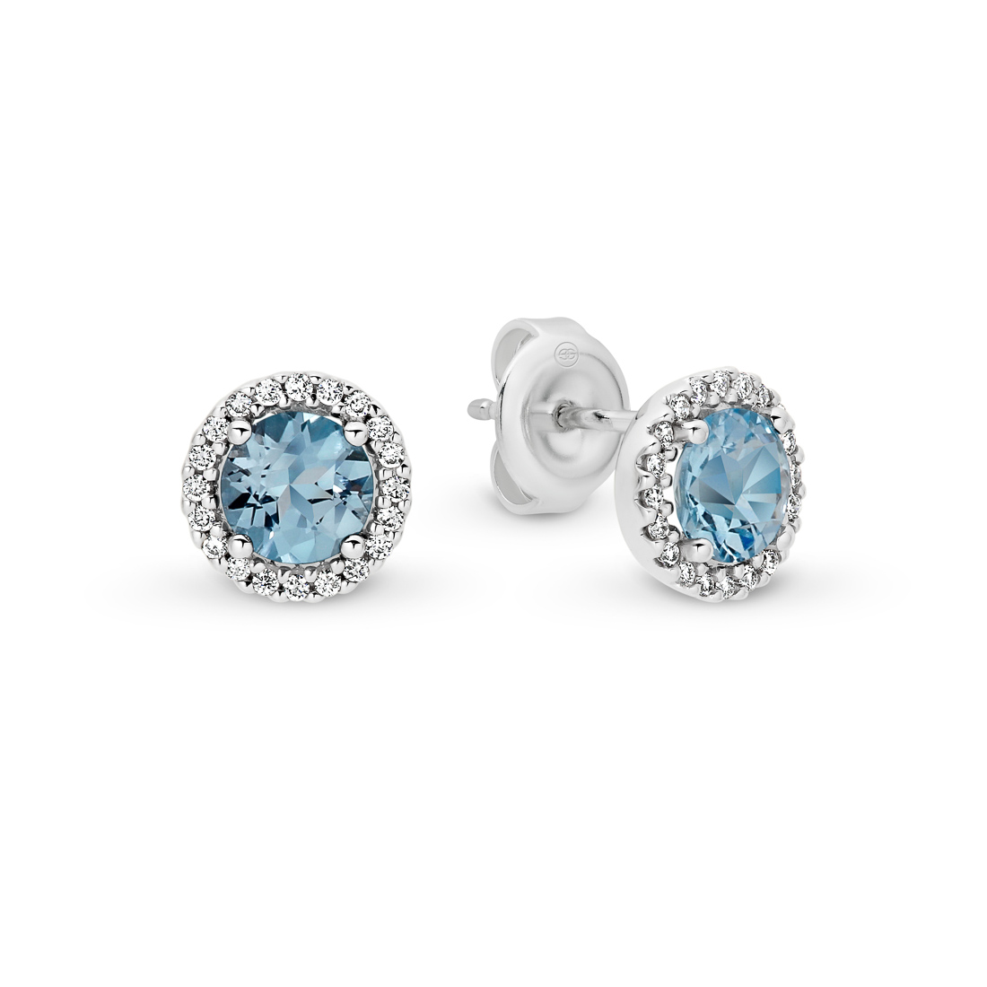 18K White Gold Blue Topaz & Diamond Round Halo Stud Earrings