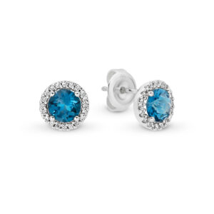 18K White Gold London Blue Topaz & Diamond Round Halo Stud Earrings 761734 WG