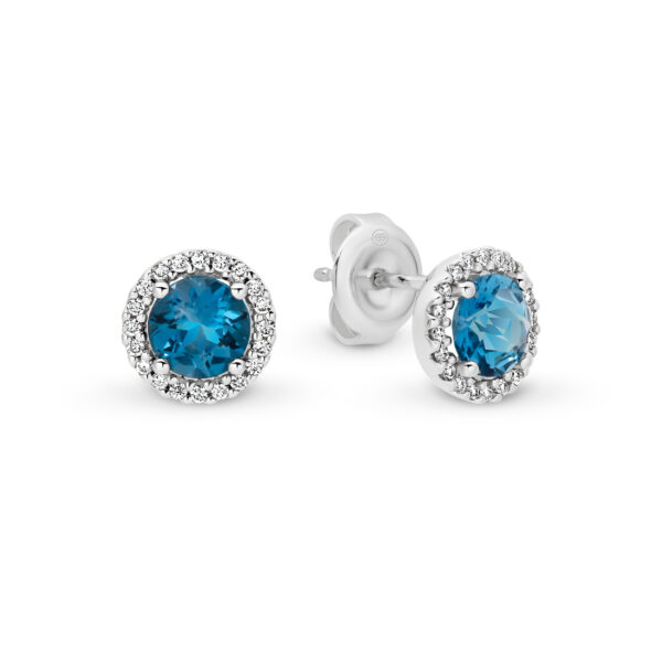 18K White Gold London Blue Topaz & Diamond Round Halo Stud Earrings 761734 WG