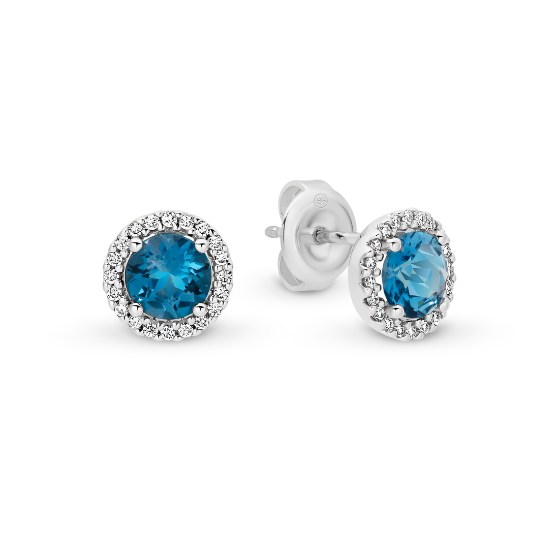 18K White Gold London Blue Topaz &#038; Diamond Round Halo Stud Earrings