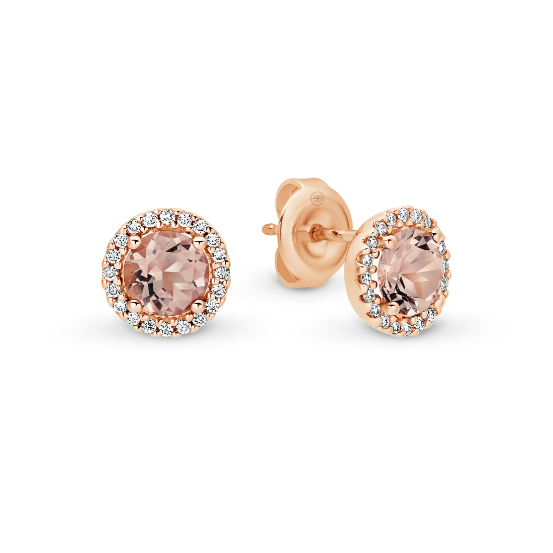 18K Rose Gold Morganite &#038; Diamond Round Halo Stud Earrings