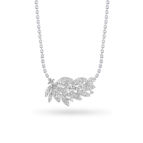 Marquise and Round Pave Diamond Feather Necklace in 18k white Gold TN0634