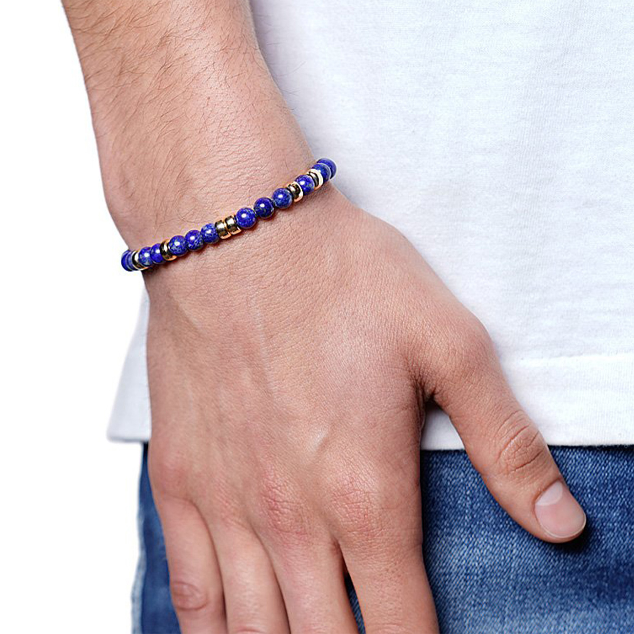 Nialaya Mens Beaded Blue Lapis Bracelet
