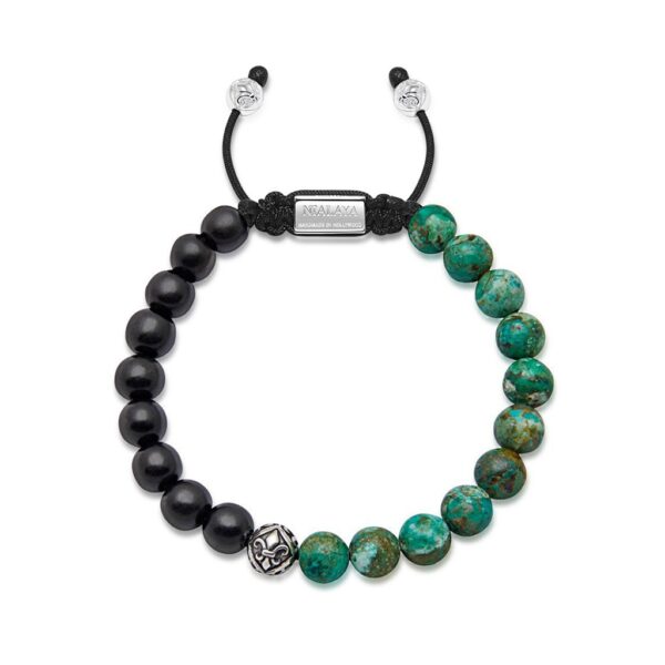 Nialaya Men’s Beaded Bracelet with Ebony, Bali Turquoise and Indian Silver | MBS8_013/M