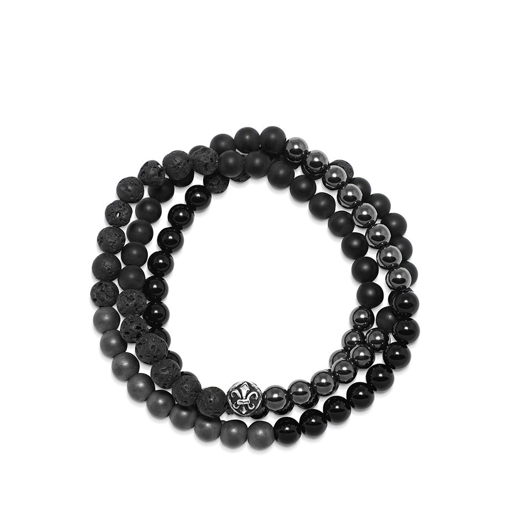 Nialaya Men's Wrap-Around Bracelet with Lava Stone, Hematite and Agate