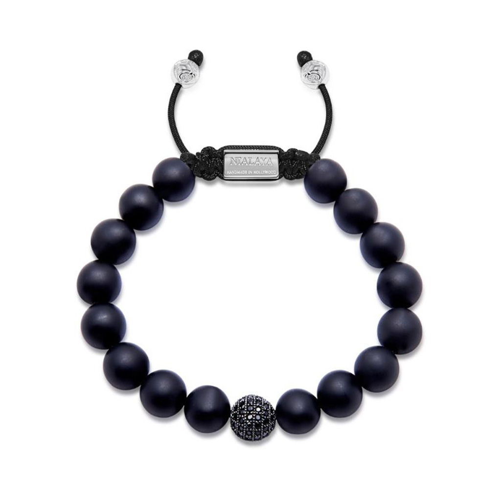 Nialaya Men's Beaded Bracelet with Matte Onyx and Black CZ