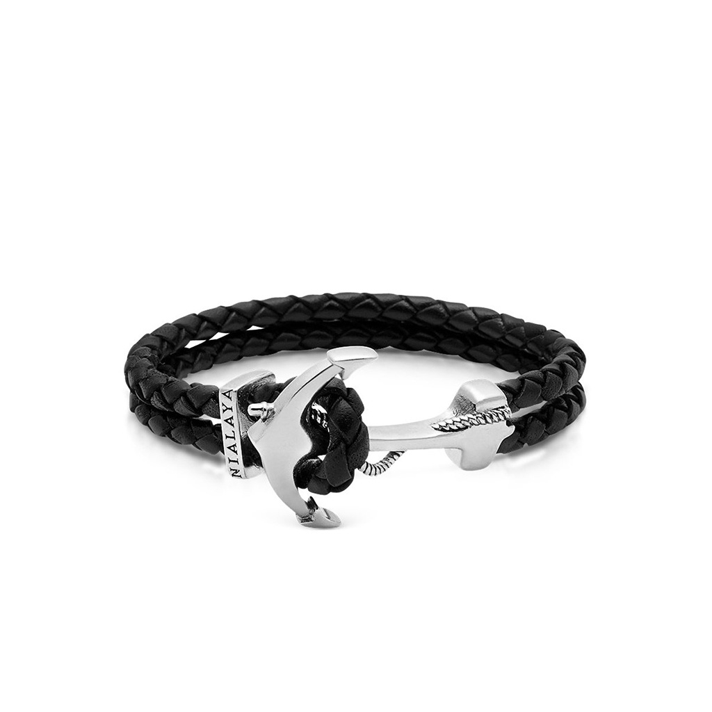 Nialaya Men&#8217;s Black Leather Bracelet with Silver Plated Anchor