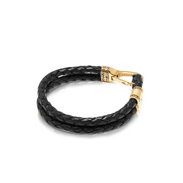 Nialaya Men's Black Leather Bracelet with Gold Plated Bali Clasp Lock