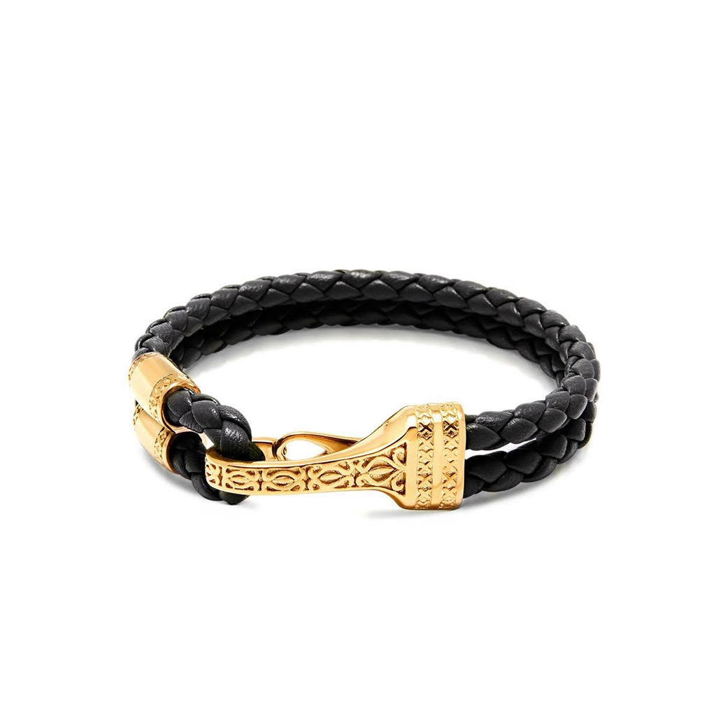Nialaya Men's Black Leather Bracelet with Gold Plated Bali Clasp Lock