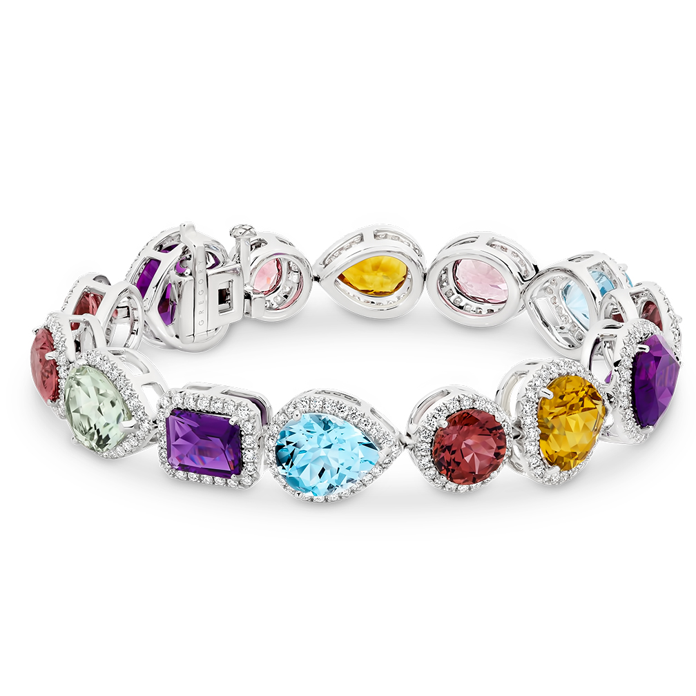 Multi-coloured Gemstone & Diamond Halo Cocktail Bracelet