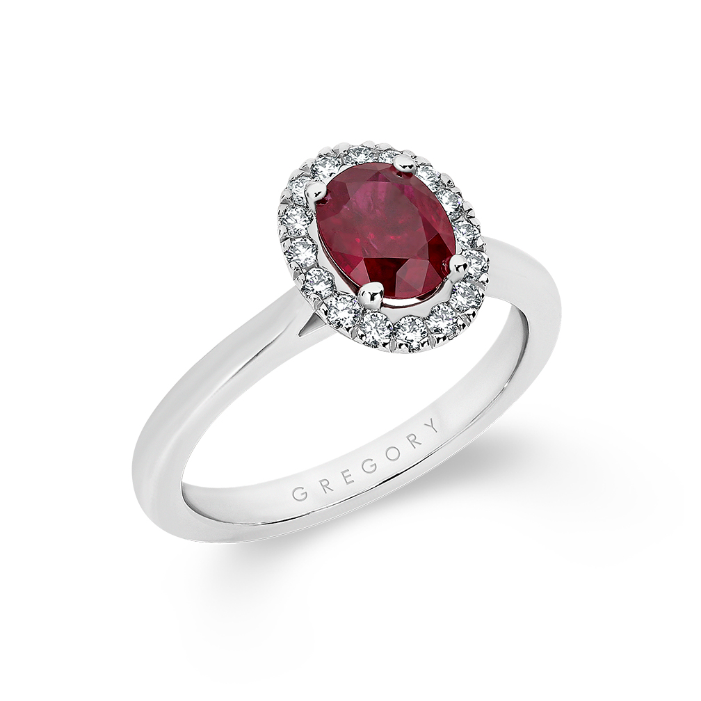 Oval Ruby and Diamond Halo Ring