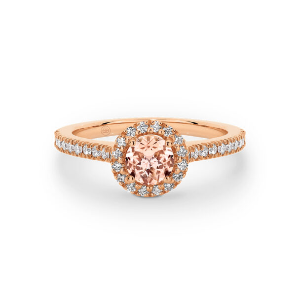 Round Morganite and Diamond Halo Ring, with fine diamond band. Model# A2120