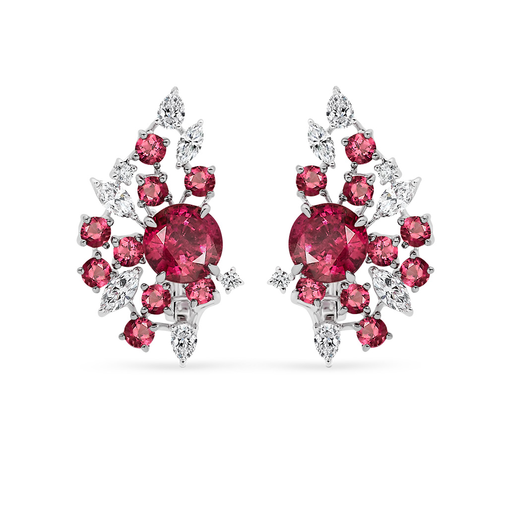 Rubellite and Diamond Round and Marquise Cocktail Earrings