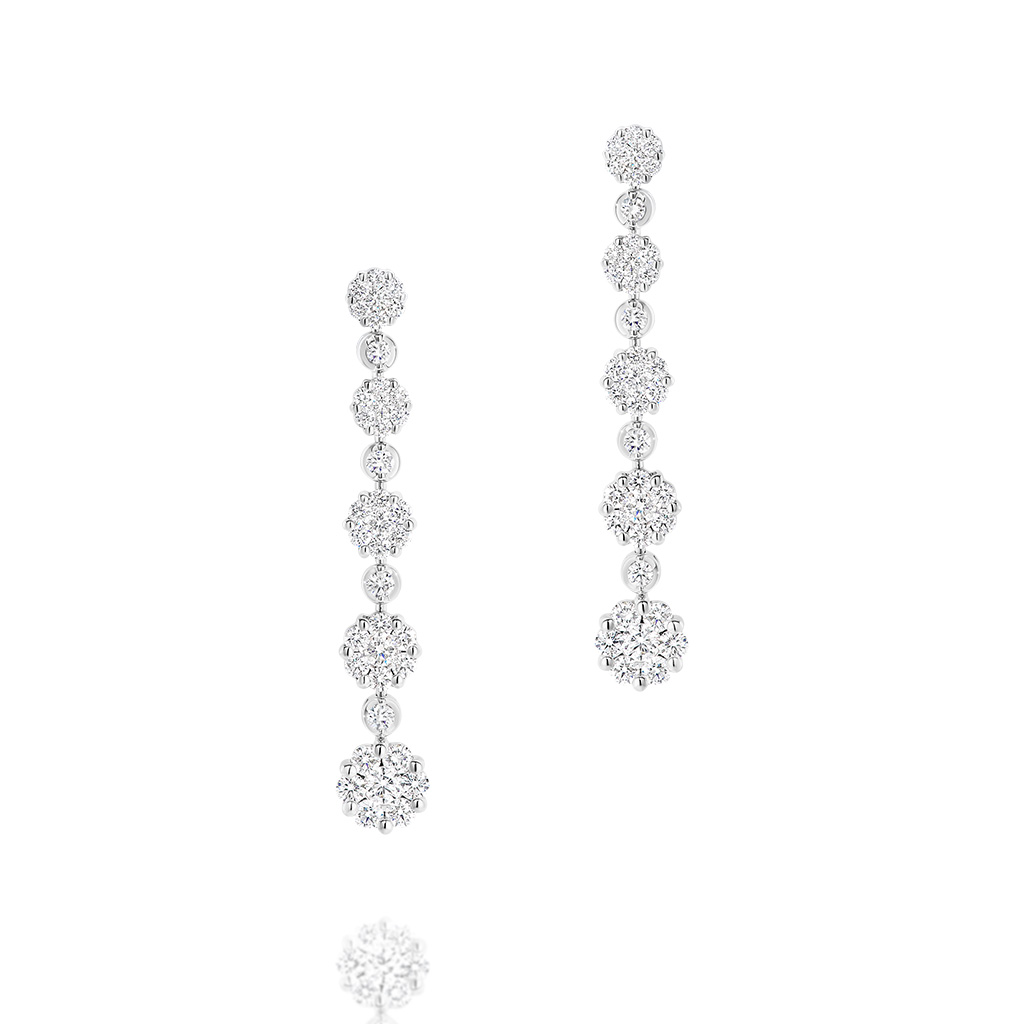 18K White Gold Diamond Cluster Drop Earrings