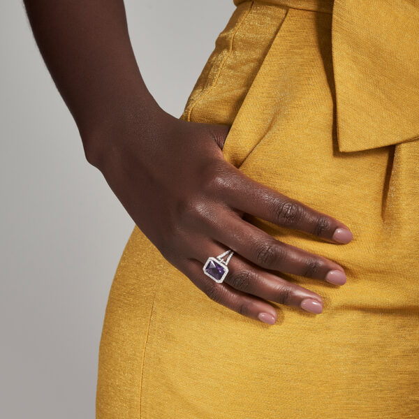 woman wearing amethyst cocktail ring