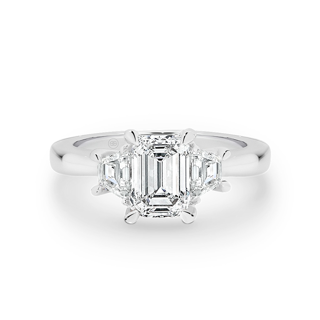 Trilogy Emerald & Trapezoid Cut Diamond Engagement Ring