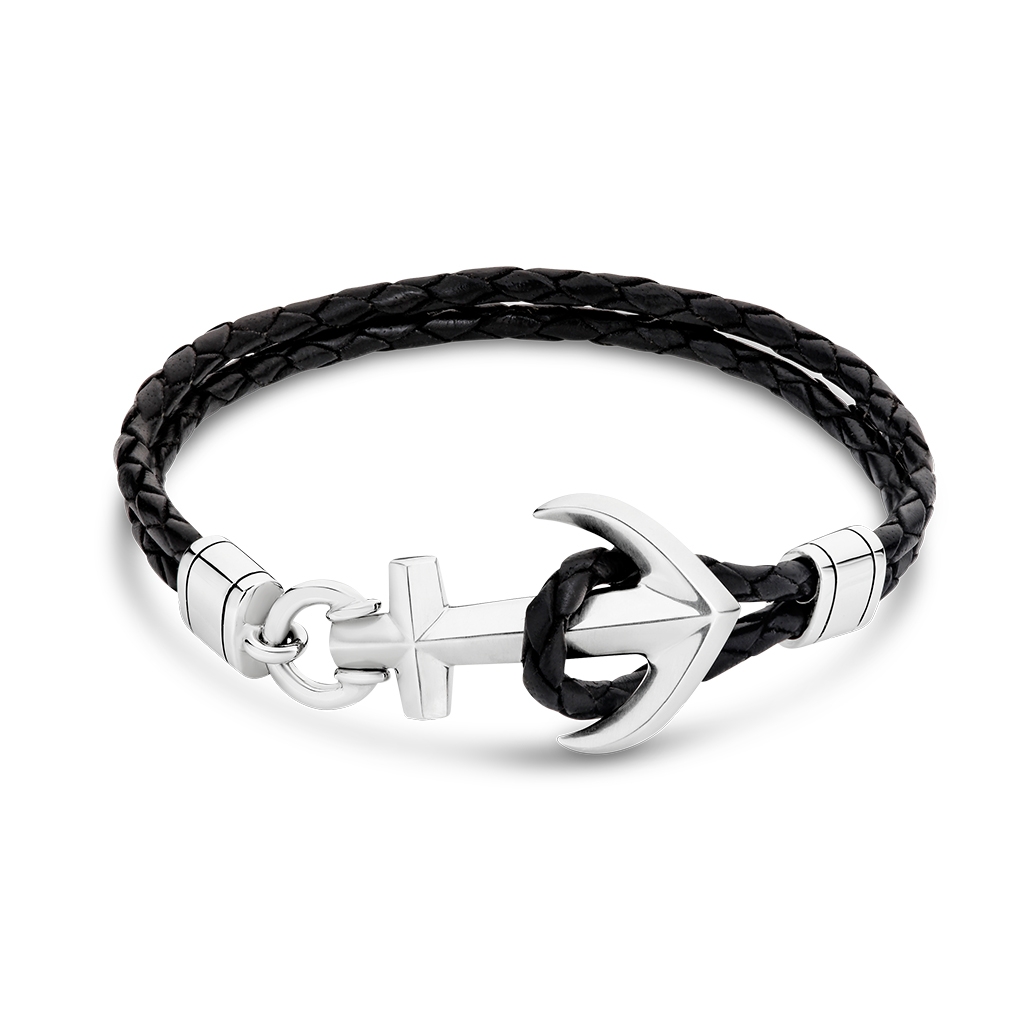Sterling Silver Anchor Black Leather Bracelet