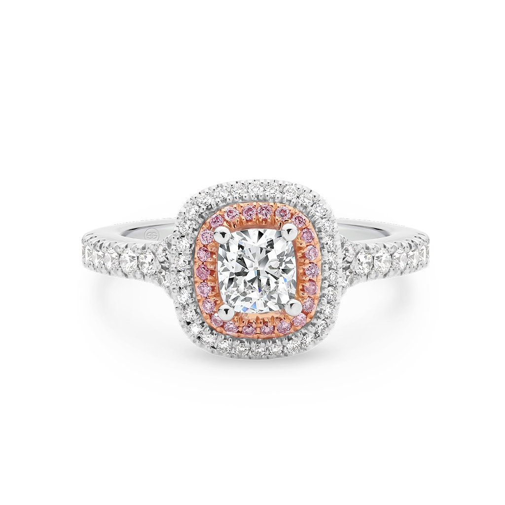 Cushion Cut White & Pink Double Halo Diamond Engagement Ring