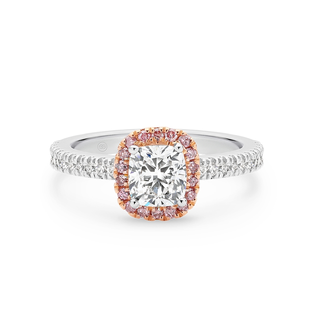 Cushion Cut White &#038; Pink Halo Diamond Engagement Ring